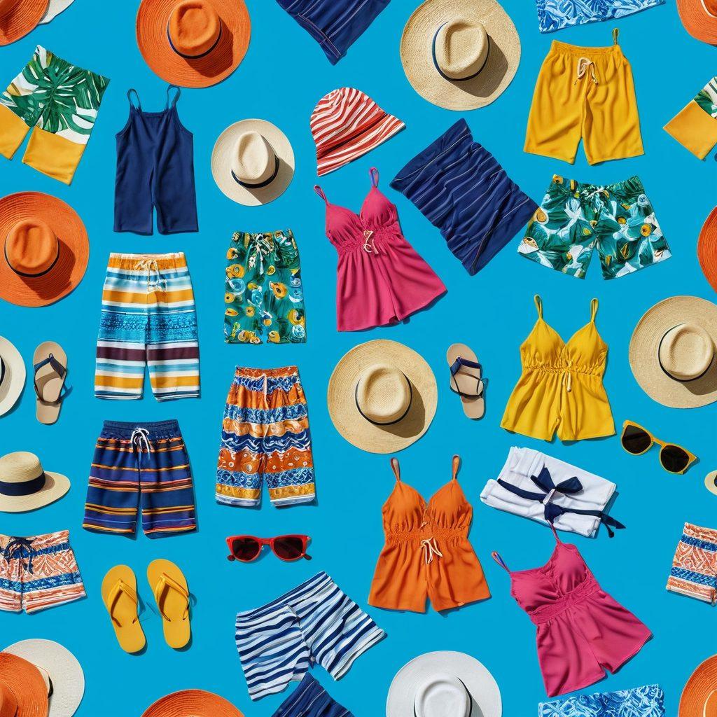 A vibrant beach scene featuring an array of colorful summer attire laid out on a sandy shore. Showcase stylish swimsuits, trendy hats, fashionable sunglasses, and essential beach accessories like towels and flip-flops. Add a backdrop of clear blue skies and gentle ocean waves to evoke a sense of relaxation and fun. Capture the essence of summer by incorporating bright colors and playful elements. super-realistic. vibrant colors. sunny background.