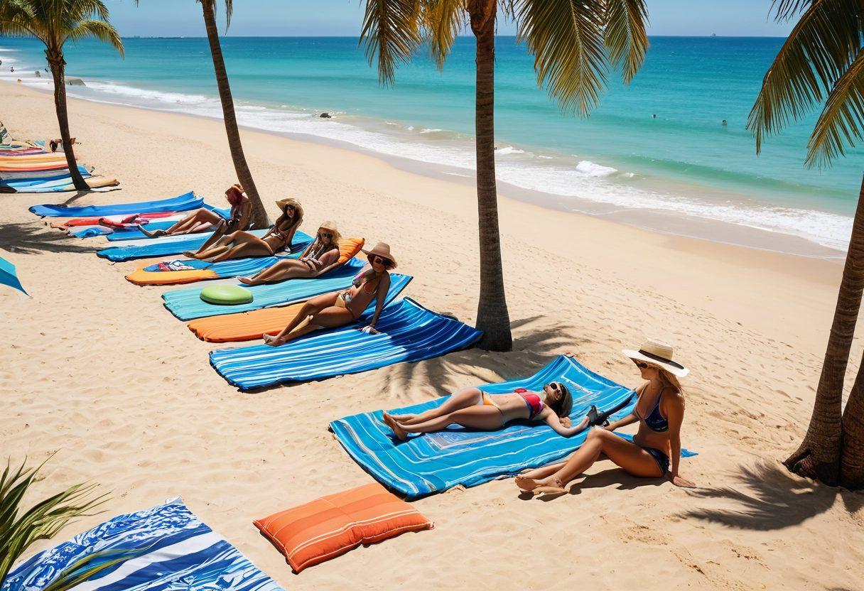 A vibrant beach scene showcasing diverse individuals wearing trendy swimwear, lounging on colorful beach towels under a clear blue sky. Include stylish accessories like sun hats and sunglasses, with playful surfboards and beach balls scattered around. Brightly colored beach umbrellas cast playful shadows, adding to the lively atmosphere. Incorporate palm trees swaying gently in the background to enhance the tropical feel. super-realistic. vibrant colors. sunny ambiance.